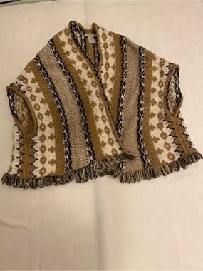 Cocogìo Women’s Fringe Knit Open-Front Poncho - Brown Cream Black